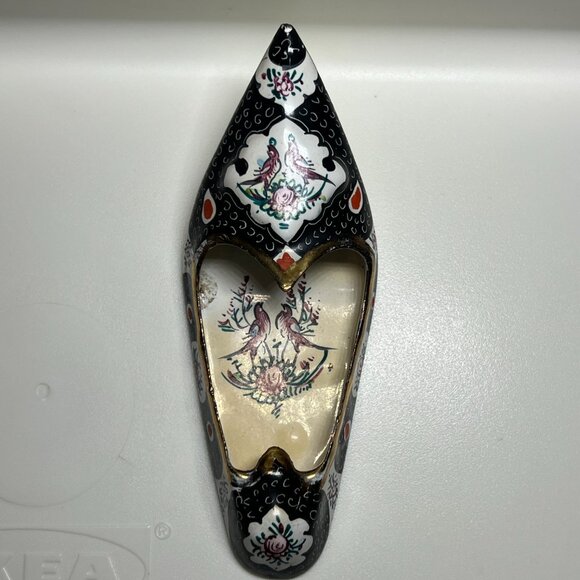 Antique 1900's Persian Enamel on Copper Islamic Art Paint Shoe Ashtray Black Pro - Picture 5 of 8